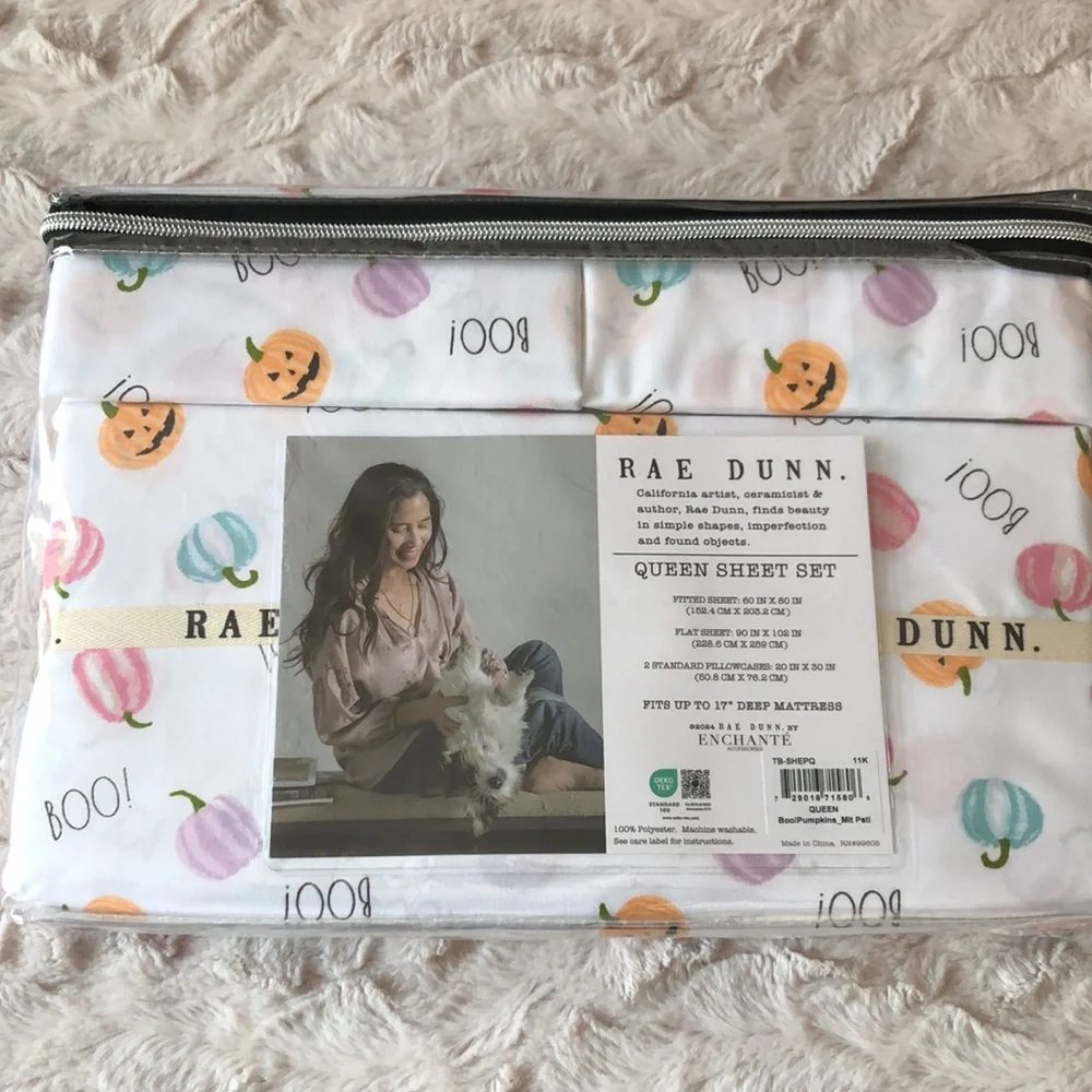 Rae Dunn BOO Halloween Pastel Pumpkins Jack O Lantern Sheet Set - QUEEN
